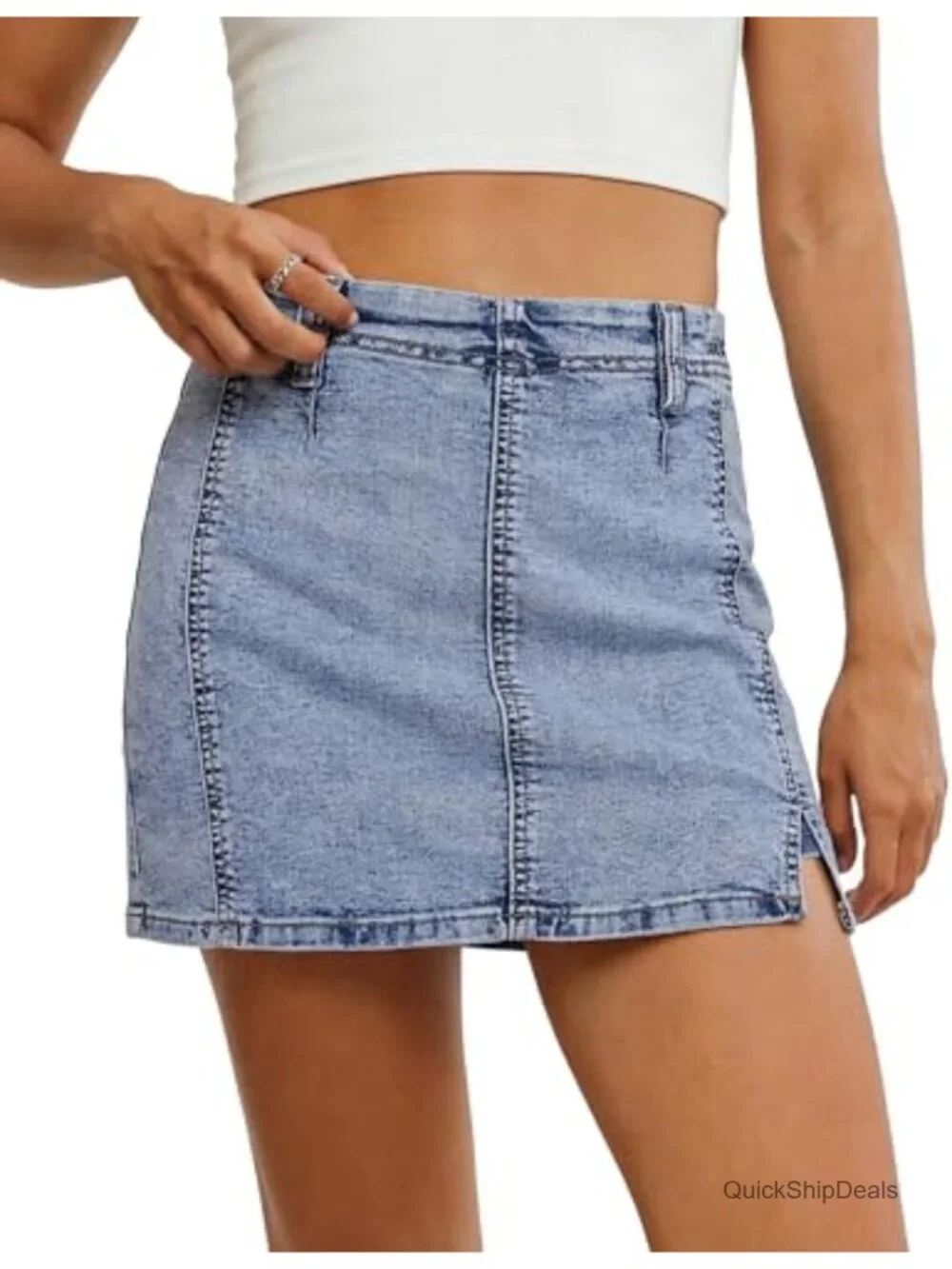 High Waisted Denim Skort with Side Slit and Built-in Shorts, Stretchy Jean Skirt